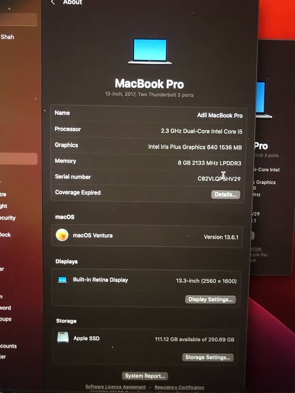 Macbook Pro 2017 13” 250gb SSD 1