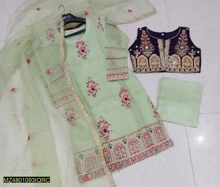 3 pcs women's stitched organza embroidered suit. 0