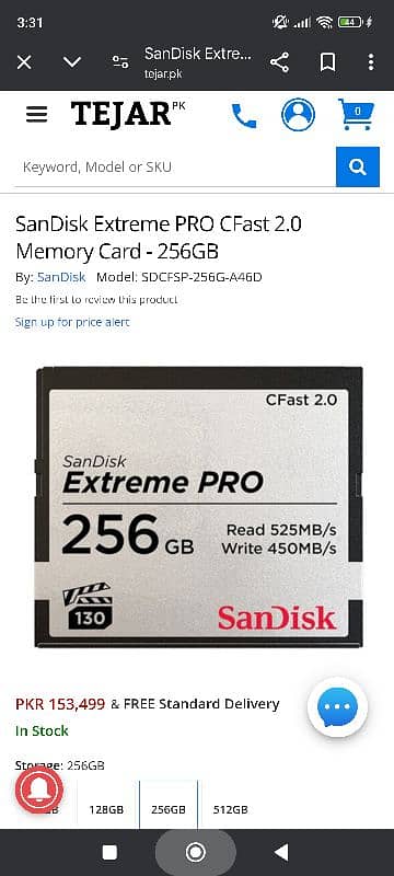 CF Fast 2.0 Card 256Gb Sandisk Extreme Pro 0