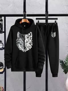 Men,s Black Printed Fleece Hoodie Track Sut 2 piece