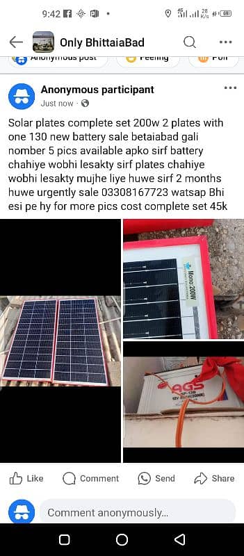 Solar 2-plates  complte set 200w 1  batry 130 new for sale johar blk 9 0