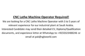 CNC LATHE MACHINE OPERATOR REQUIRED