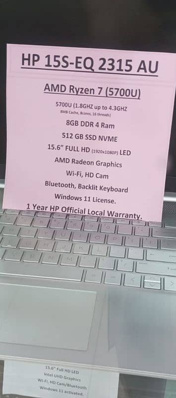 HP AMD Ryzen 7 Laptop  8Gb/512 GB SSD 15.6 inch HD LED 7