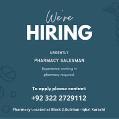 We Need Sales Persaon or Pharmacist