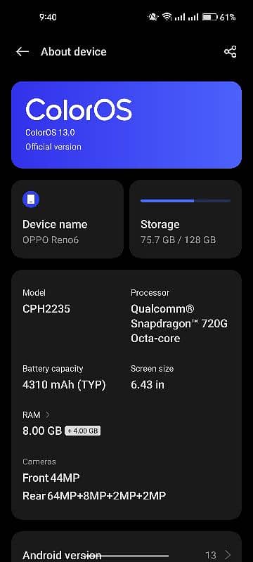 03326047378 OPPO Reno 6 8+8 128 gb complete saman ha 10 10 condition h 4