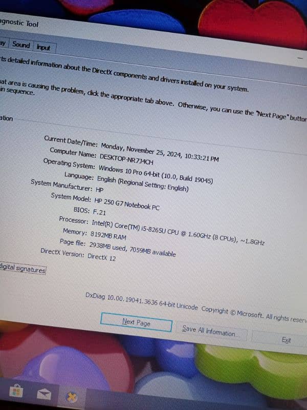 HP i5 8th generation RAM 8gb SSD 256gb condition 10 by 10 3