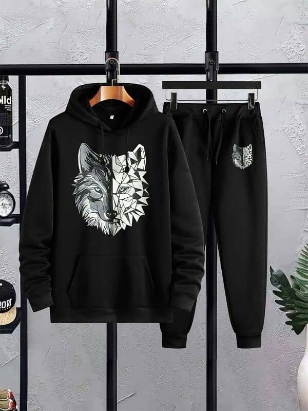 Men's Black Printed Fleece Hoodie Track Suit - 2 Pcs 3