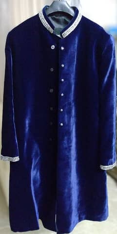 Party wear Velvet makhmal  Navy blue with silver embroidered sharwani