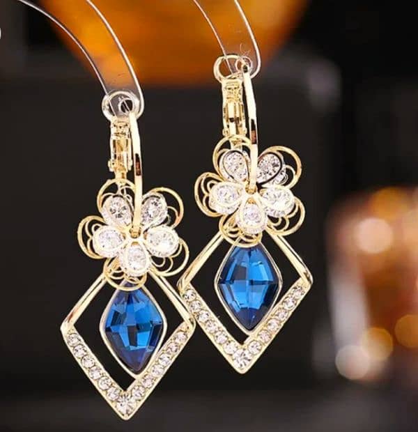 Flower Zircon || Blue Stone || Rhombic Sapphire Drop Earrings || 0