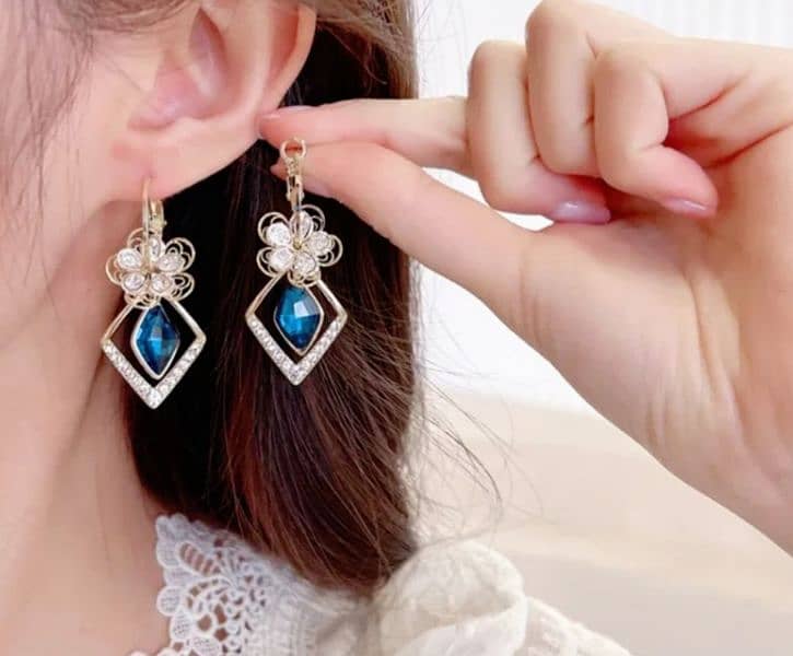 Flower Zircon || Blue Stone || Rhombic Sapphire Drop Earrings || 2