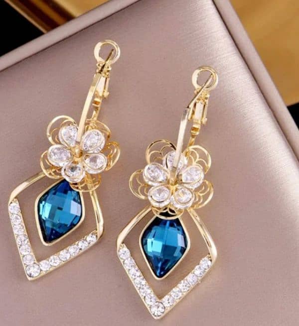 Flower Zircon || Blue Stone || Rhombic Sapphire Drop Earrings || 4