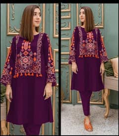 2 Pcs Women's Stitched Linen Embroidered Shirt and Trouser 03452347628