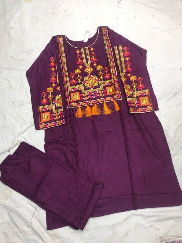 2 Pcs Women's Stitched Linen Embroidered Shirt and Trouser 03452347628 1