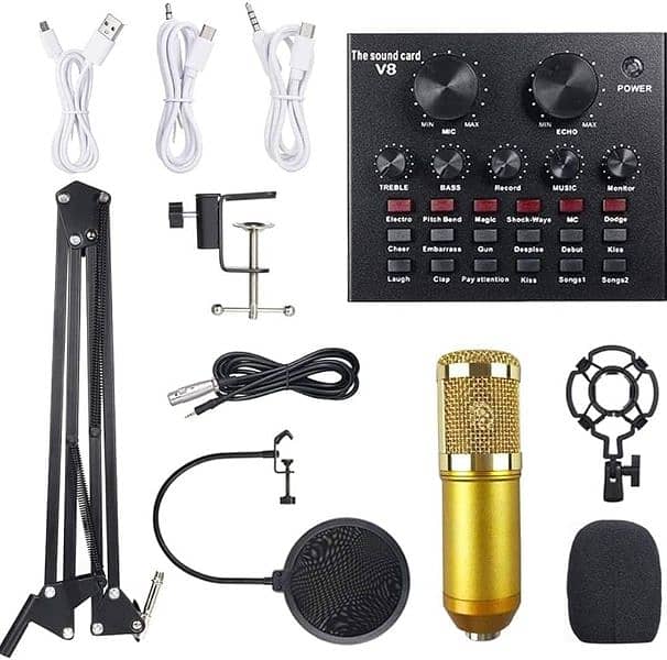 V8 sound card with bm800 microphone,mic stand and important cables etc 1