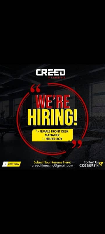 *Job Opportunity: Female Front Desk Receptionist at Creed Fitness* 0