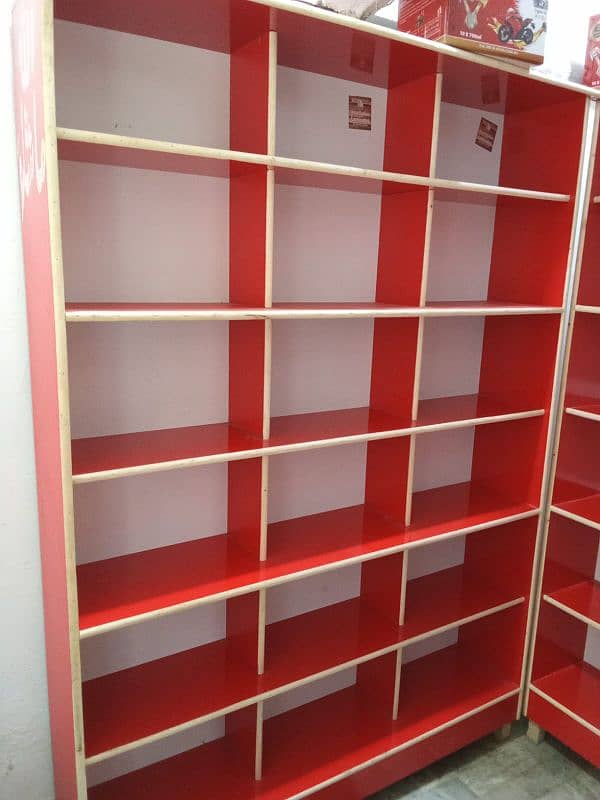 Red and White Multi-Tier Wooden Display Shelf for Retail Storage 0