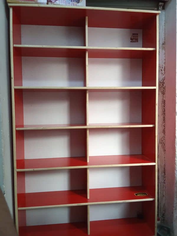 Red and White Multi-Tier Wooden Display Shelf for Retail Storage 1