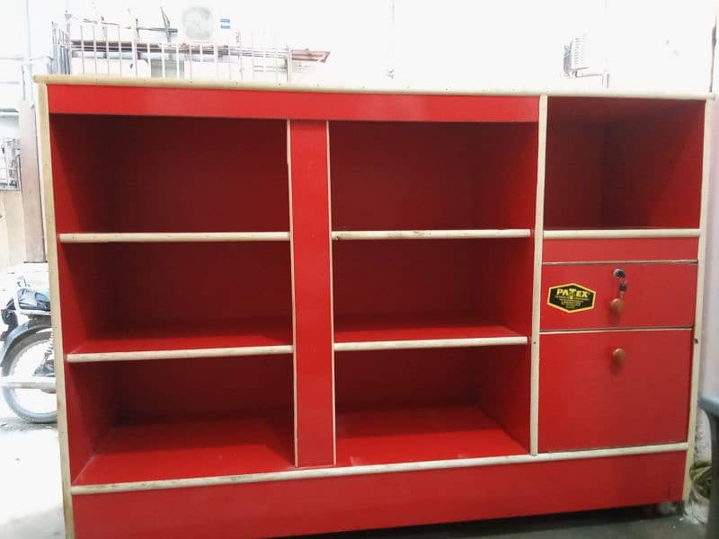 Red and White Multi-Tier Wooden Display Shelf for Retail Storage 2