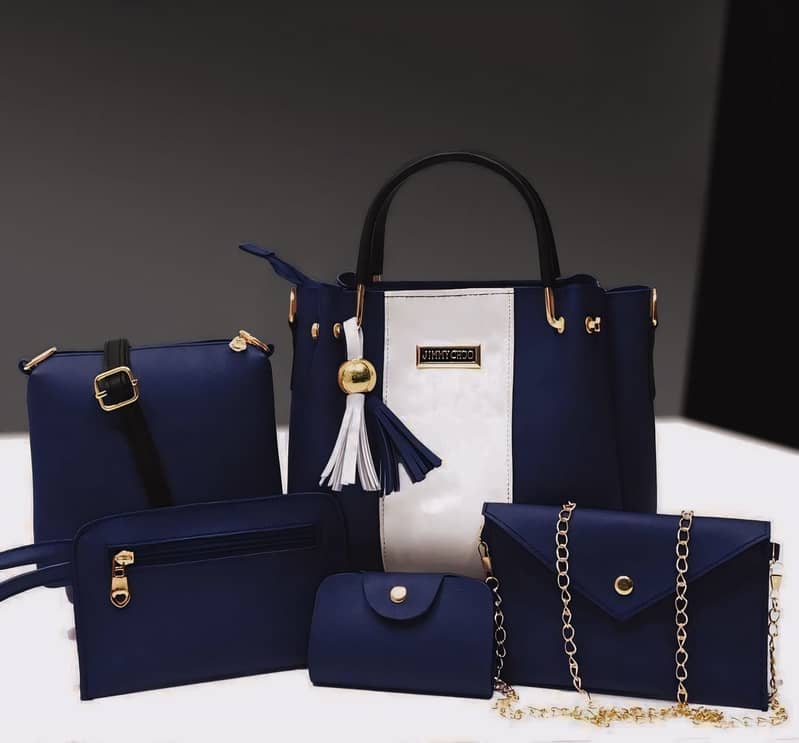 Stylish Women's PU Leather Hand Bag Set - 5 Pcs in Blue 0