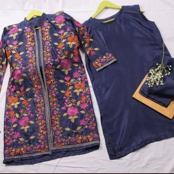 3 PCs Women's Stitched Ebroidered Grown Shirtand trouser set in blue 2