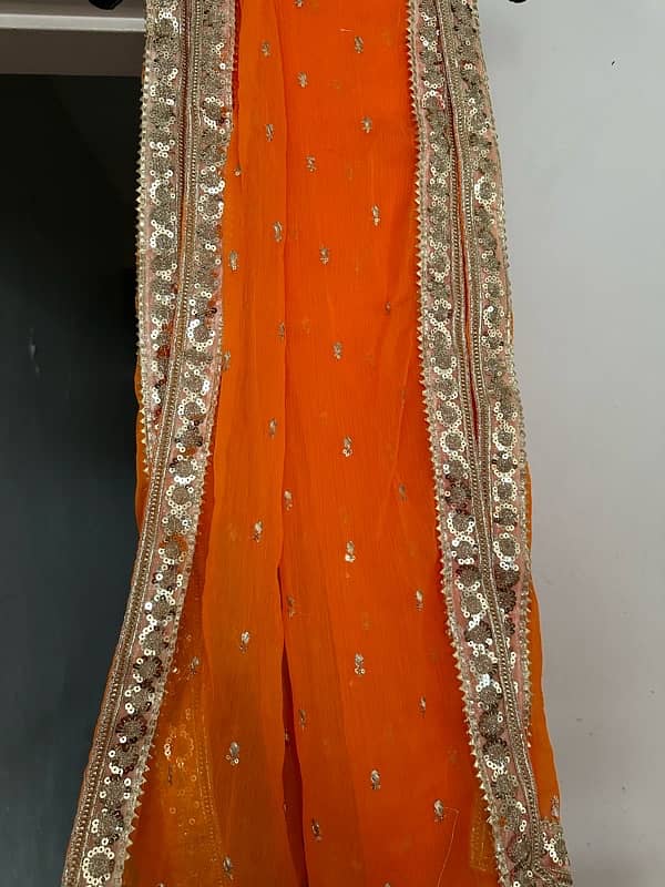 Mehendi fancy embroidered dress with 3 yards orange heavy dupatta 2