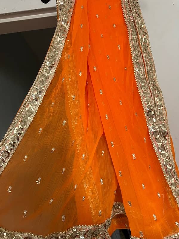 Mehendi fancy embroidered dress with 3 yards orange heavy dupatta 3