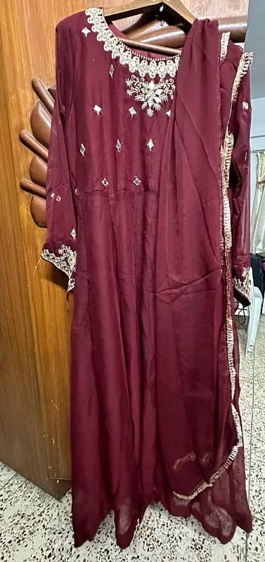 3 piece stitched Maroon Colour Mirror work Maxi 0