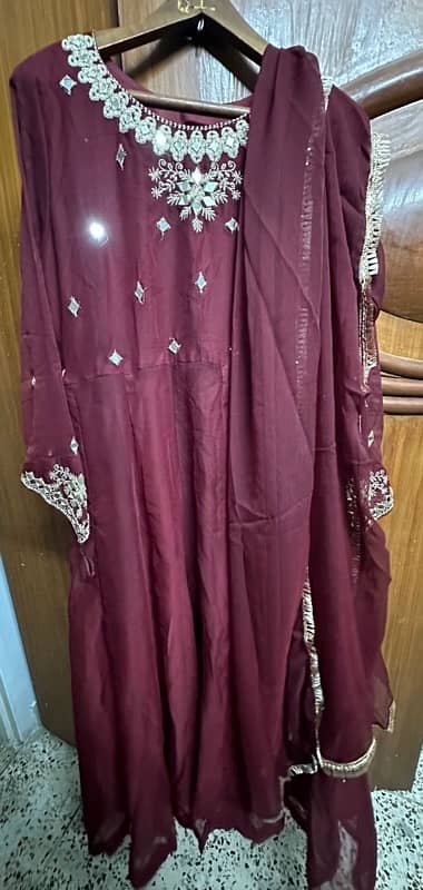 3 piece stitched Maroon Colour Mirror work Maxi 1