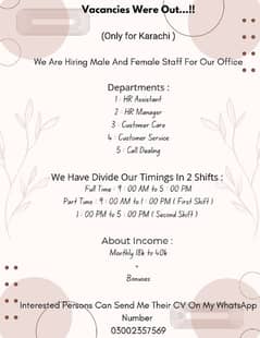 we need male and female staff indoor office work