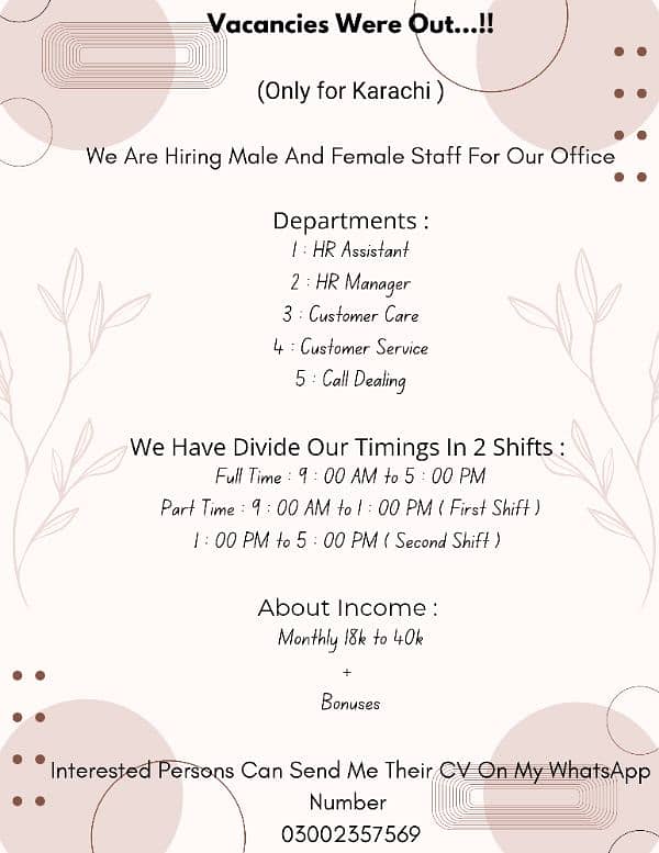 we need male and female staff indoor office work 0