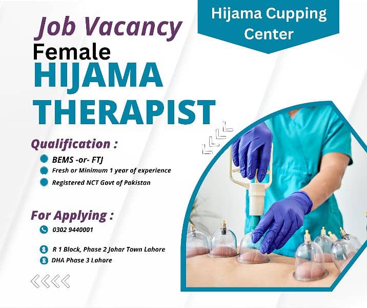 Female Hijama Cupping Therapist Required Johar Town Lahore | Clinic 1