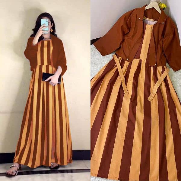 Stylish Striped Maxi Style Stuff With Jacket 2pcs Women's Stitched Set 0