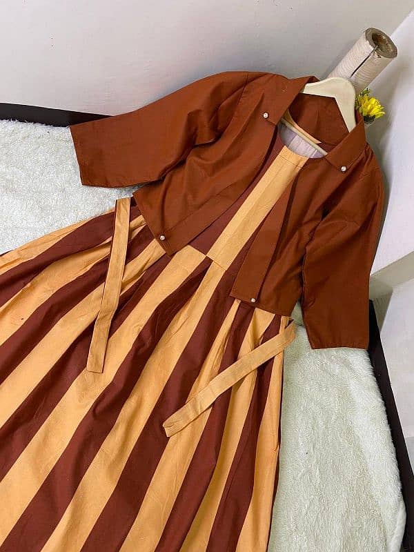 Stylish Striped Maxi Style Stuff With Jacket 2pcs Women's Stitched Set 1