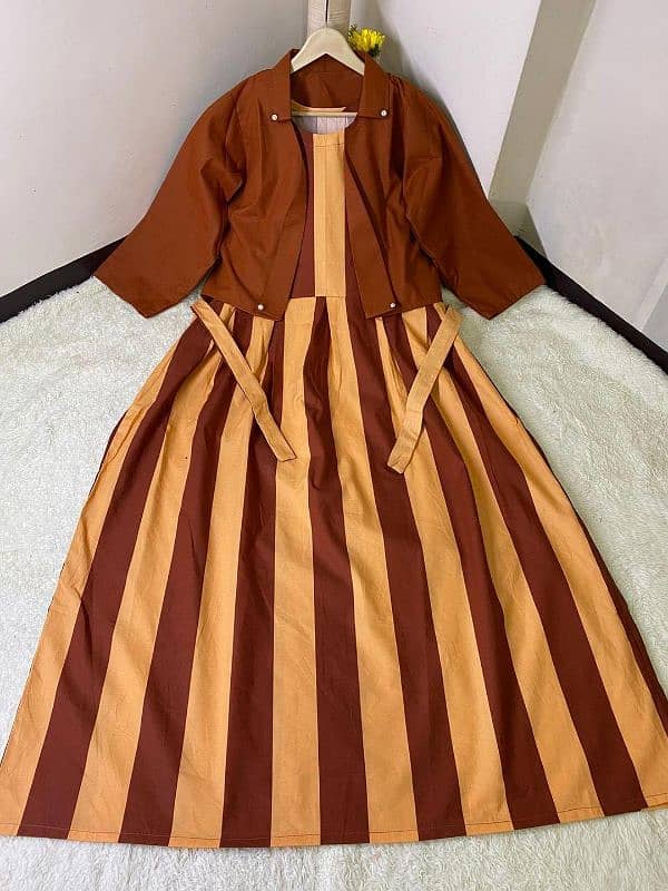 Stylish Striped Maxi Style Stuff With Jacket 2pcs Women's Stitched Set 2