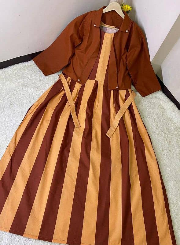 Stylish Striped Maxi Style Stuff With Jacket 2pcs Women's Stitched Set 3