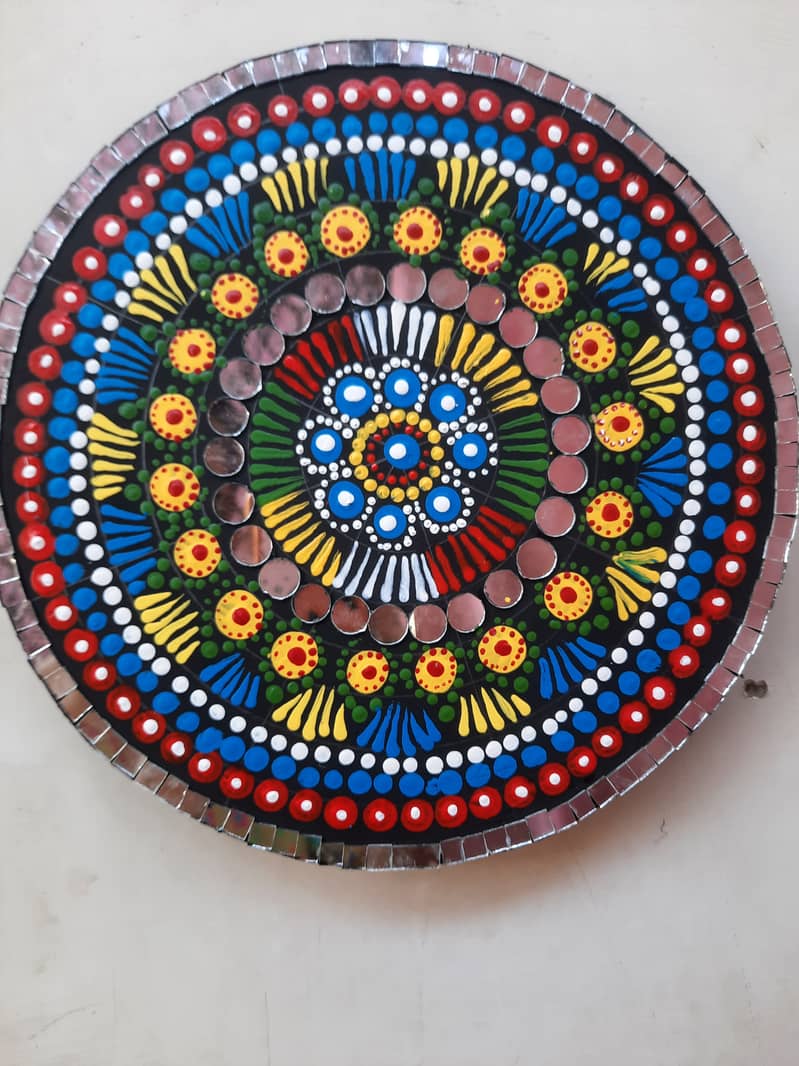 Mandala (dot painting) art with mirror work. made on Mdf sheets of 10× 0