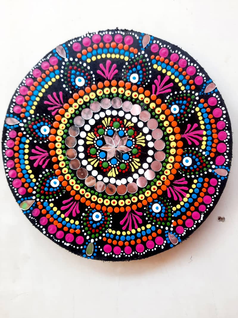 Mandala (dot painting) art with mirror work. made on Mdf sheets of 10× 2