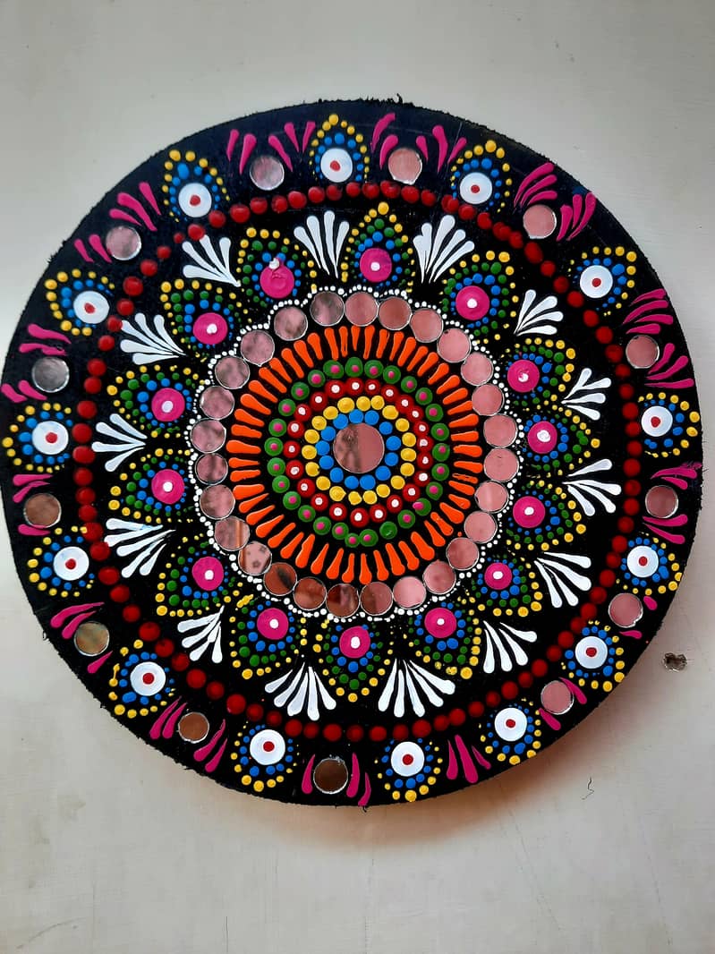 Mandala (dot painting) art with mirror work. made on Mdf sheets of 10× 3