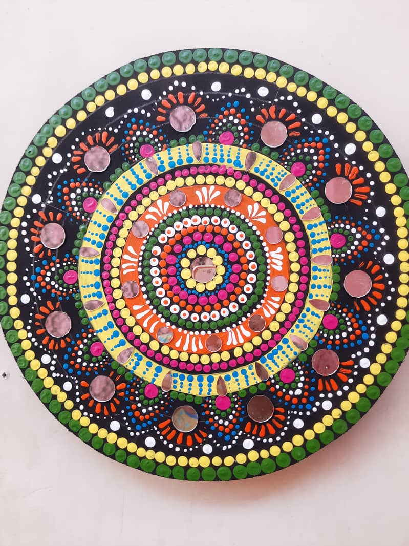 Mandala (dot painting) art with mirror work. made on Mdf sheets of 10× 4