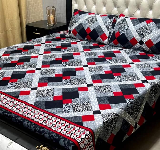 3 Pcs Crystal Cotton Printed Double Bedsheet 6