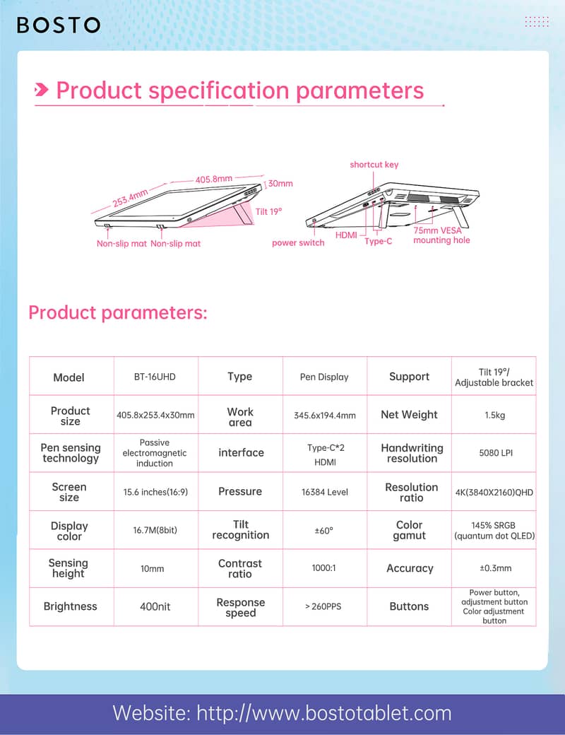 Bosto 16UHD 4K (BT-16UHD 2024) Drawing Desplay Tablet 16k pen pressu 10
