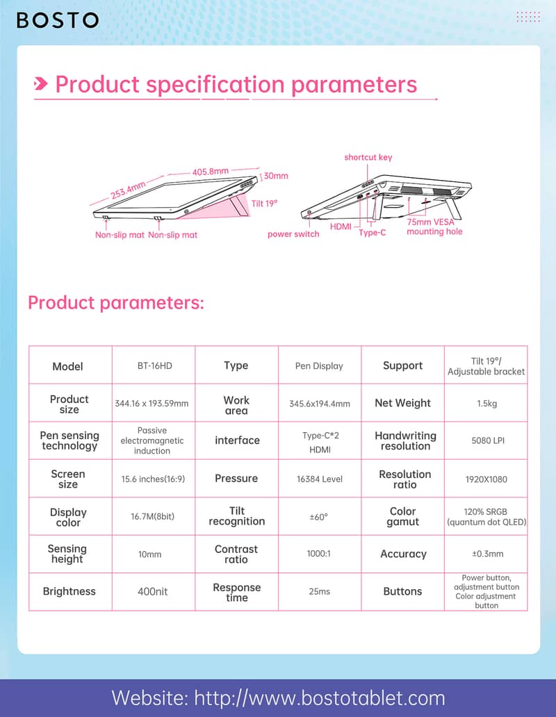 Bosto HDT 15.6-Inch High-Definition Touch Drawing Tablet 16k pen Press 1