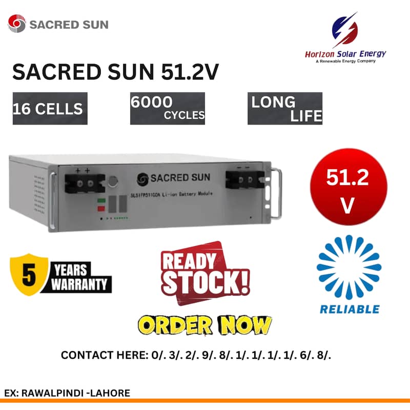 SACRED SUN 51.2V LITHIUM ION BANK -48/100AH WITH 5 YEARS WARRANTY . 0