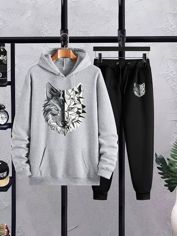 Men,s Fleece Hoodie track Suit - 2 Pcs Grey Printed Set 2