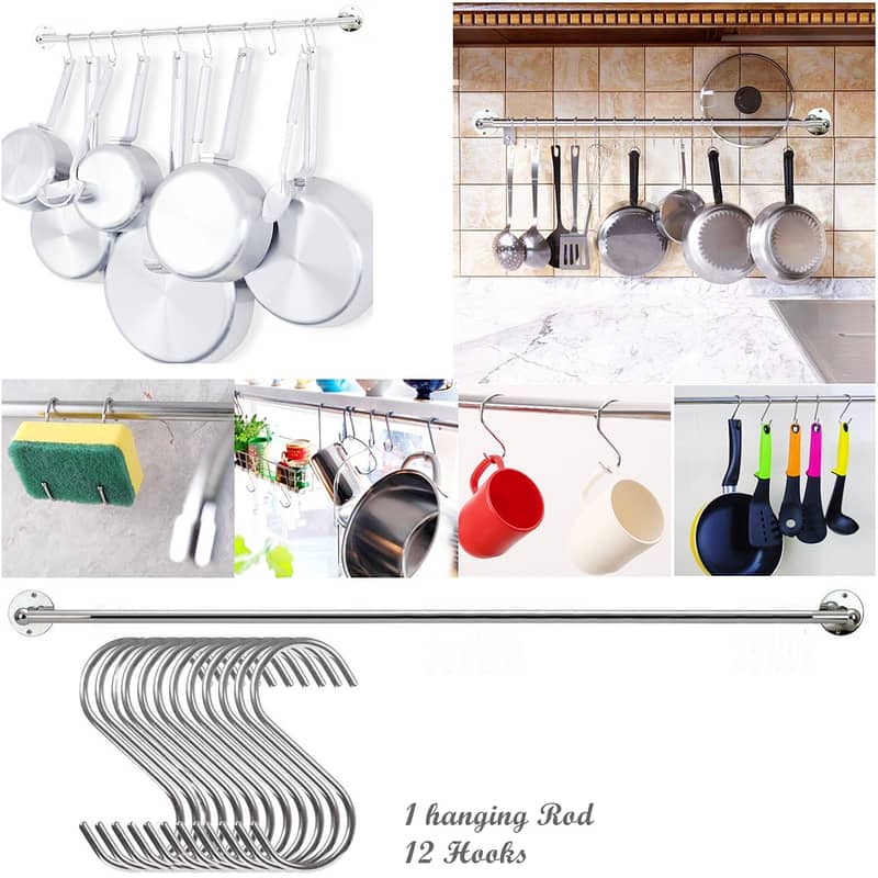 Kitchen Washroom Pot Accessories Storage Railing Set hooks with Rod 1