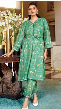 Elegant Green Floral Printed Women's Tunic and Pant Set 2piece Khaddar