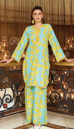 Vibrant Sky Blue and Yellow Floral Printed Women's 2 piece Khaddar