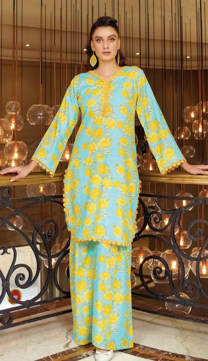 Vibrant Sky Blue and Yellow Floral Printed Women's 2 piece Khaddar 0