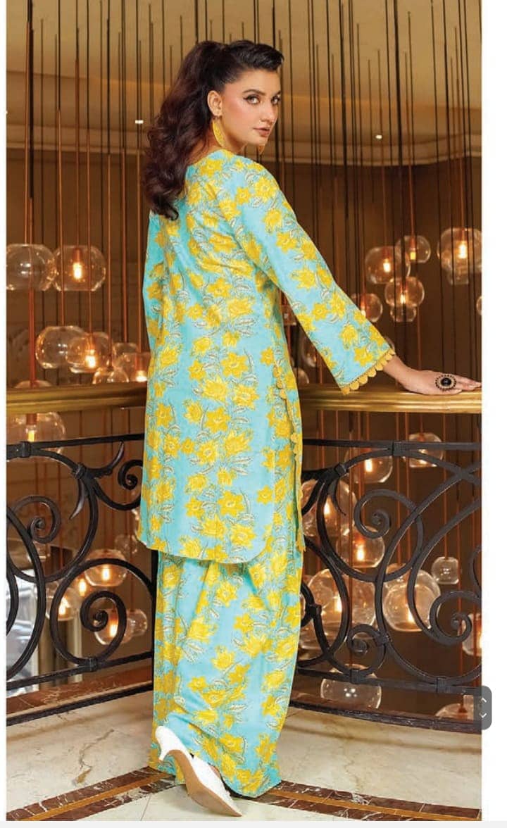 Vibrant Sky Blue and Yellow Floral Printed Women's 2 piece Khaddar 1