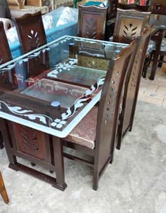 Dinning table with 6 chairs double glass wooden table imported